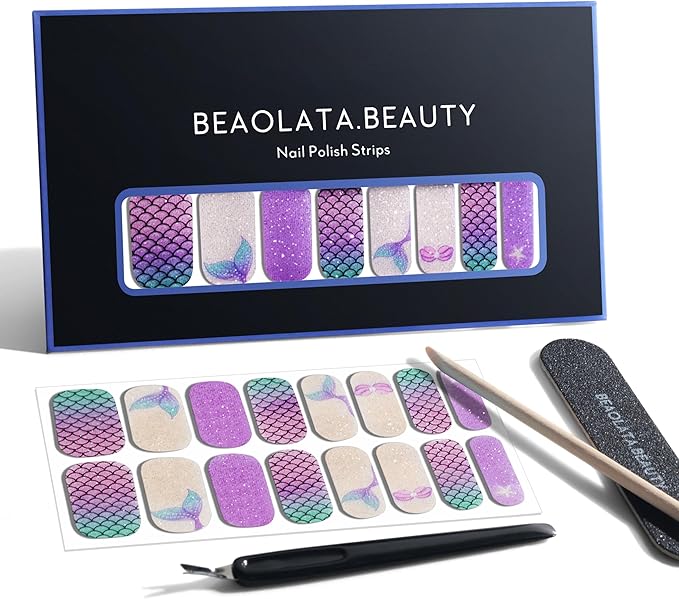Nail Polish Strips, 32PCS Salon Quality Wraps, Long Lasting Gel Nail Stickers for Women Easy Apply& Remove (Dark Purple&Glitter)