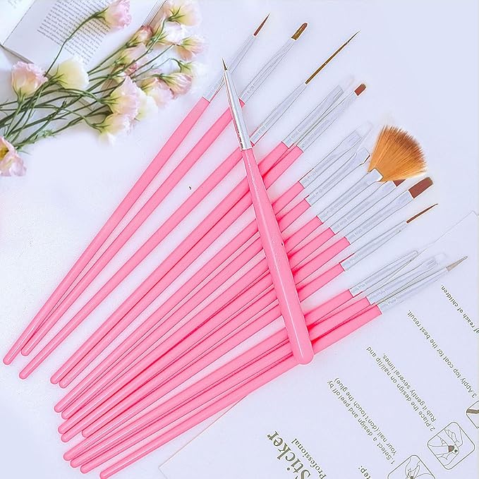 AIBEE 20pcs Nail Art Design Tools, 15pcs Brushes Kit with 5pcs Dotting Pens, PINK