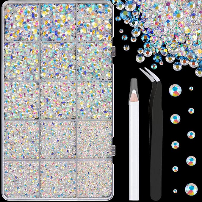 16000Pcs Resin Jelly Rhinestones with Tweezers for Crafting, Transparent AB 2-6mm Mixed Sizes Flatback Gems, Bedazzling Crystal for DIY Crafts Clothing Tumblers Mugs Shoes Fabric Nail Art