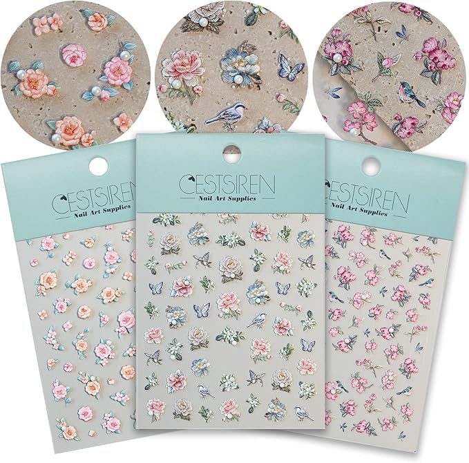 Flower Rose Bird Nail Art Stickers Pearl Rhinestones Embossed Vintage Nail Decals for Nail Art Design Self-Adhesive Nail Accessories for Women Nail Art Supplies 3 Sheets