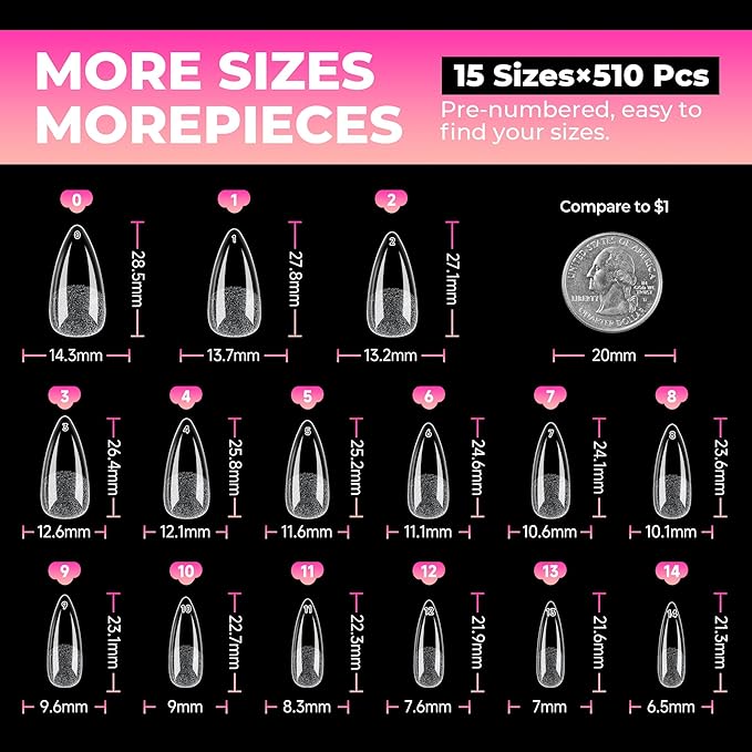 UNA GELLA Stiletto Gel Nail Tips:510Pcs Full Cover Nail Tips Medium Stiletto Almond Pre-etched Fake Clear Acrylic False Nails Sturdy Stiletto Press on Nails for Nail Extensions Home DIY Salon 15 Sizes