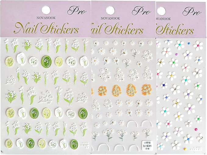 3 Pcs Flower Nail Stickers, Flower Nail Decal Art, Daisy Nails Sticker, Lily of The Valley Sticker, Spring Manicure, Embossed Nails Stickers