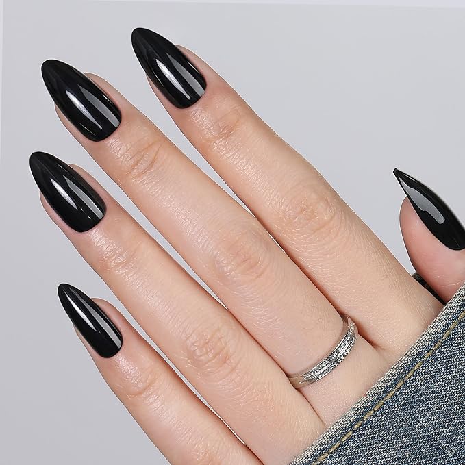 UNA GELLA 32Pcs Soft Gel Press on Nails - 16 Sizes Medium Almond Black Glue on Nails, Reusable Glossy Solid Black False Nails, Full Cover Acrylic Nail Kit for Women DIY Home Manicure