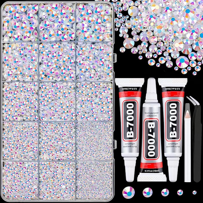 16000Pcs Resin Jelly Rhinestones for Crafting, White AB Non Hotfix Flatback Gems, Bedazzling Crystal with 3Pcs 10ml B7000 Jewelry Glue for DIY Crafts Clothing Tumblers Shoes Fabric Nail Art