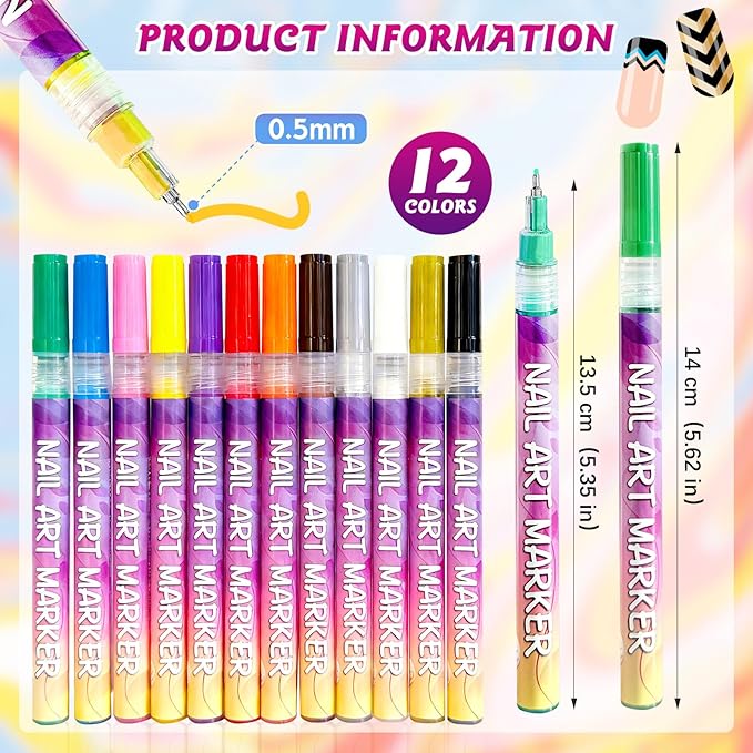 Nail Art Pens, 12 Color 0.5 MM Nail Polish Pens Set Drawing Point Painting Liner Painted Pen Kit, Waterproof Quick Dry Nail for DIY Nails Art Design Manicure Tools
