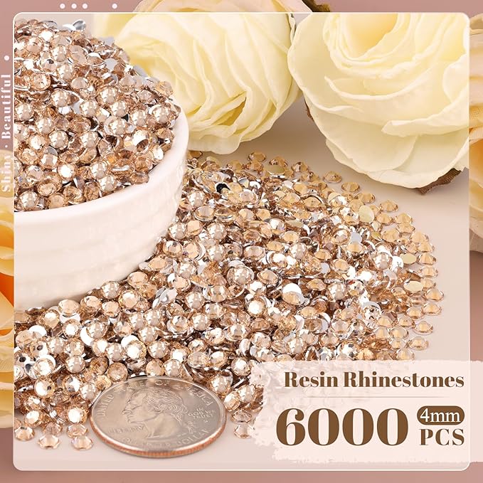 6000PCS 4mm Resin Rhinestones Bulk for Crafting (Champagne), Flatback Bedazzling Crystals for Crafts DIY Nail Decoration, Gems Charms for Tumbler Shoes Clothing Fabric with Pickup Pen and Tweezers
