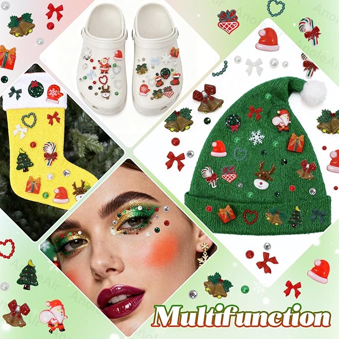 Christmas Junk Case Charms Kit, Christmas Snowman Tree Reindeer Bell Santa Big Charms for Phone Junk Cases, Red Green Pearls and Rhinestones Gems Bedazzling Kit for Crafts Nail DIY Accessories
