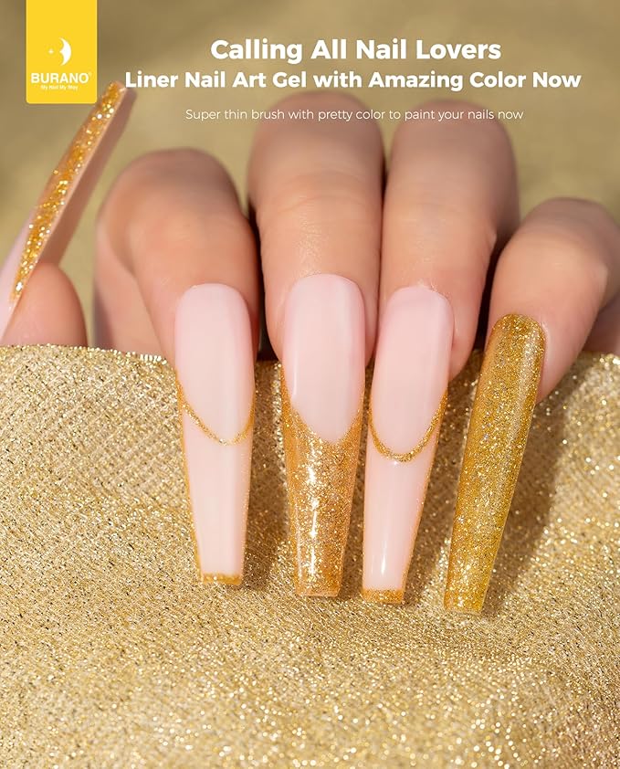 BURANO Gel Nail Polish Liner Nail Art Polish, Silver Gold Painted Gel Nail Design Polish 2 Bottle 8ml, Build in Thin Nail Brush Curing Required LX2 LX8