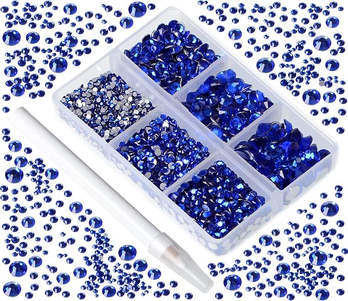 Bymitel 5000 Pieces 6 Mixed Sizes Glue Fix on Glass Rhinestones Round Crystal Gems Flatback for DIY Jewelry Making with one Picking Pen (6-Sizes 5000PCS, Sapphire)