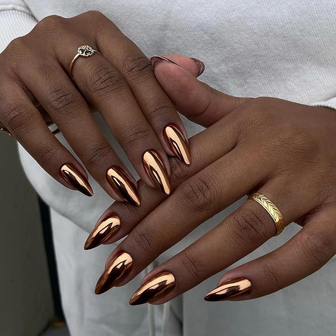 Chrome Press On Nails Almond, Metallic Bronze Mirrored Glue on Nails Medium Press Ons, Acrylic Natural Fit Stick on Nails in 12 Sizes - 24Pcs Fake Nail Kit for Women Daily & Party Wear