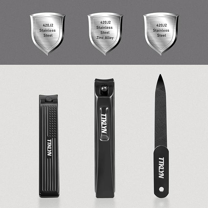 Nail Clippers Set 3 Pack, Ergonomic Non-Slip Handle Sharp Stainless Steel & Zinc Alloy Fingernail and Toenail Clippers with Nail File, Large/Small Nail Cutter for Men & Women, Black