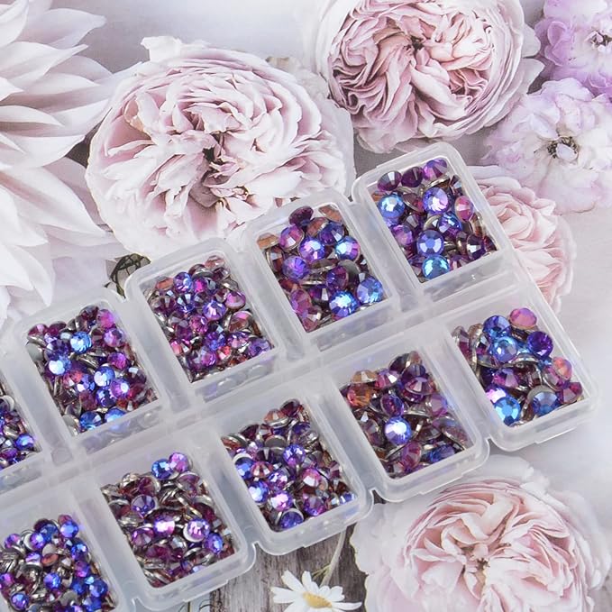 10000 Pieces Rhinestones 6 Sizes Round Crystal Glass Flat Back Rhinestones with 1Tweezers and 1Picking Pen for Nail Art Crafts Clothes Bags DIY (Purple Velvet)