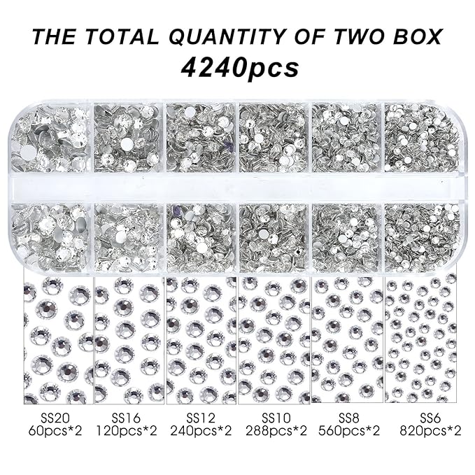 4240Pcs Flatback Clear Rhinestones Glass Crystal Diamonds for Nail Art Crafts Tumblers Glitter Round with Tweezers and Picking Pen (SS6~SS20 Set)