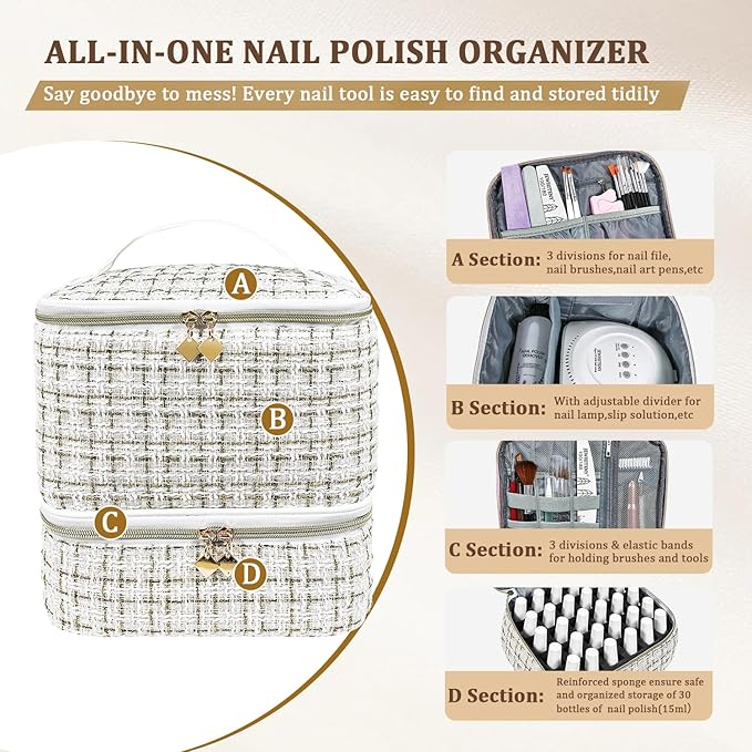 JEWHITENY Nail Polish Organizer Bag Holds 30 Bottles & Nail Lamp,Double-Layer Nail Polish Storage Bag with Adjustable Dividers,Portable Nail Kit Bag For Nail Stuff & Manicure Tools (White)