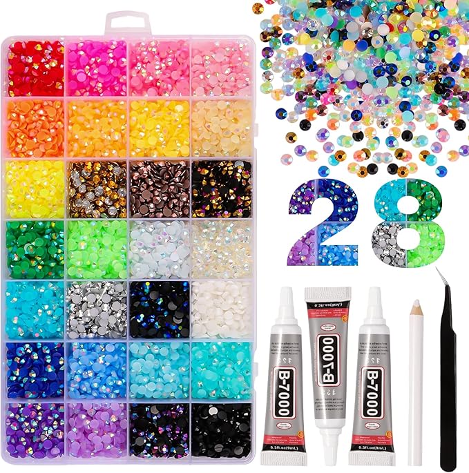 28 Colors Resin Jelly Rhinestones for Bedazzling, 5mm 8000Pcs Flatback Gems for Crafting, Bedazzling Kit with B7000 Glue for Clothing Shoes Nail Book Diamond Art