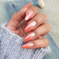 Chrome Press On Nails Almond, Glazed Ombre Nude to Coral Pink Glue on Nails Medium Press Ons, Acrylic Natural Fit Stick on Nails in 12 Sizes - 24Pcs Fake Nail Kit for Women Daily & Party Wear