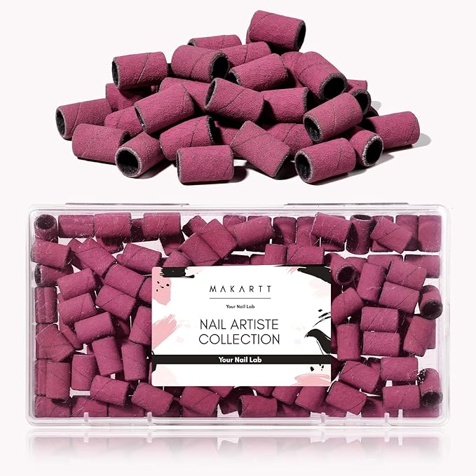 Makartt Sanding Bands for Nail Drill - 100 Pcs Nail File Sanding Bands for Drill Bits #180 Medium Grits for Acrylic Nails Gel Removing and Shaping, Upgrade Thicker Durable Sanding Drill Bit, Pink