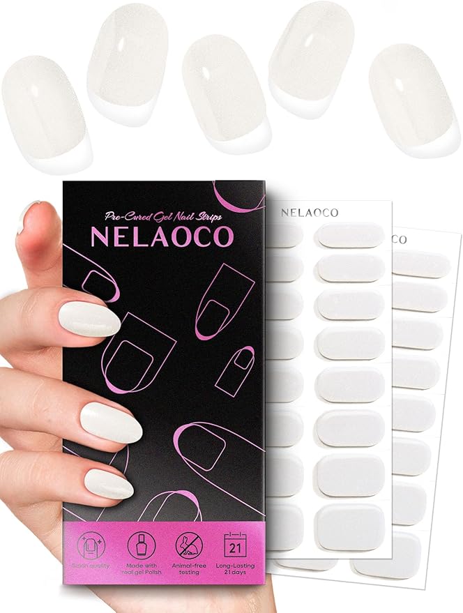 Nail Polish Strips – 32PCS UV Free Salon Quality Wraps, Long Lasting Gel Nail Stickers for Women (White Mists)
