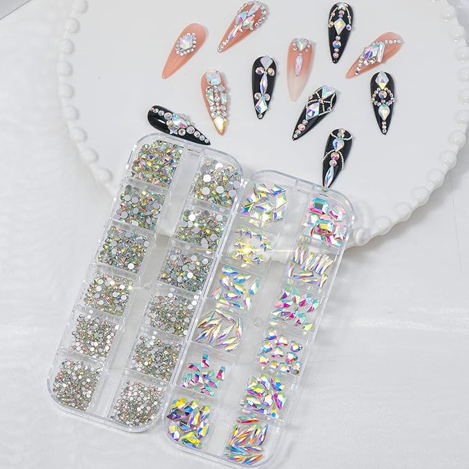 HNUIX Nail Rhinestones - 3D Multi Shape Size, AB Crystal Nail Gems and Charms, Flat Back, with Kit, for Nail Art, DIY Decorations