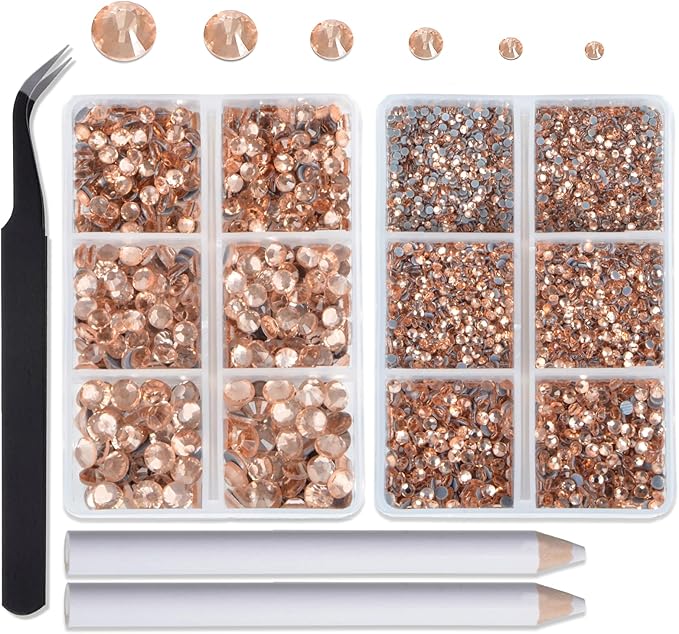 8000pcs Hotfix Rhinestones Flatback,Rhinestones for Crafts Clothes Mixed 6 Sizes, Hotfix Crystals with Wax Pencil Kit, SS4-SS30,Lt.Peach