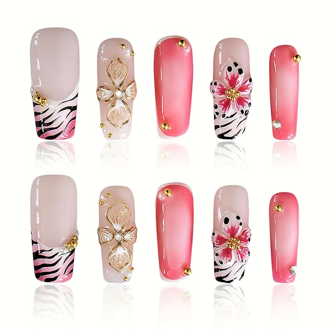 Press On Nails Medium Square Handmade Fake Nails Artistic Design 3D Thick Acrylic and Muti-Layer Gel False Nails Reusable Acrylic Fake Nails for Parties & Daily