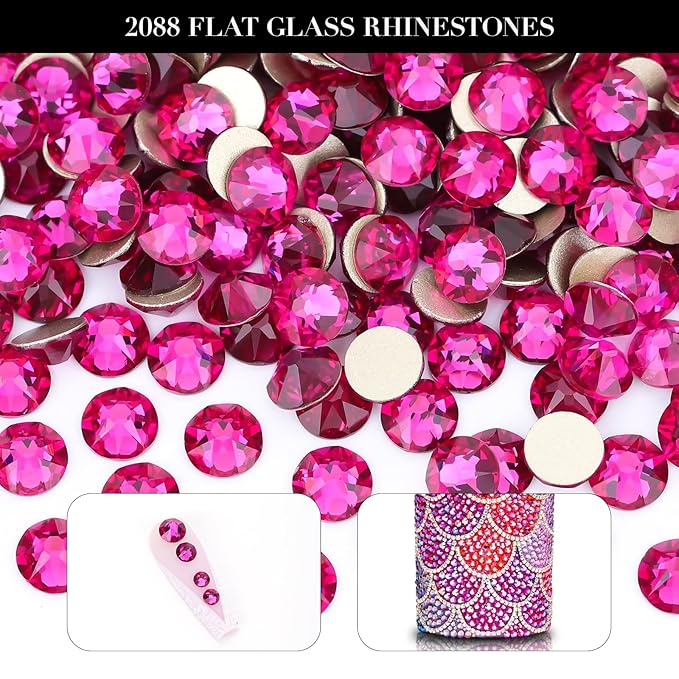 Novani Fuchsia Rhinestones 1440pcs Flat Back Round Rhinestone Style 2088 Sparkly Crystal Gemstones for Nail Art and Crafting SS16,3.8-4.0mm