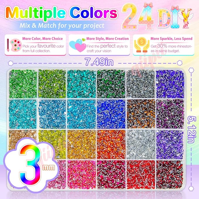 24 Color 13800pcs 3mm Crystal Resin Rhinestones for Bedazzling Crafting Flatback Stones Colorful Gems Diamonds Charms for Nails Eyes Face Makeup Tumblers Bottles DIY Crafts Clothes Shoes Phones