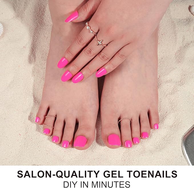 DANNI & TONI Semi Cured Gel Toenail Strips (Hot Pink) Bright Pink Gel Toenail Stickers Summer Pedi 37 Stickers