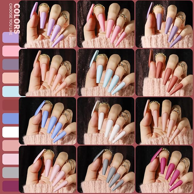 Teenitor Long Press On Nails Coffin Fake Nails Long Ballerina False Nails, 576pcs Long Coffin Press On Nails Full Cover Color Coffin Nail Tips, 24 Colors Glue On Nails Long Coffin Matte Press On Nails