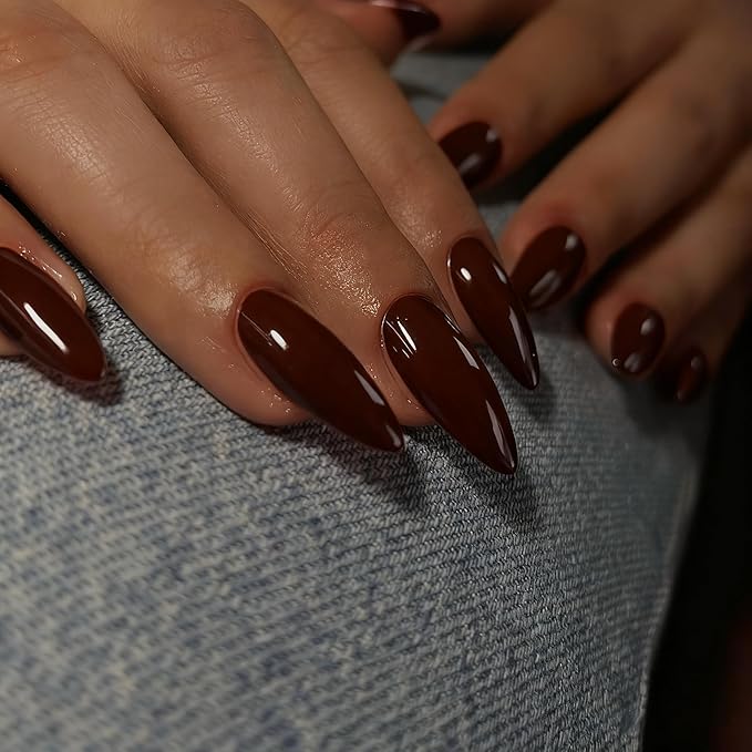 Brown Press on Nails Almond Shaped Medium Length - Neutral Acrylic Reusable Fake Nails for Women Girls, Glue on Stiletto False Nails, Soft Gel Artificial