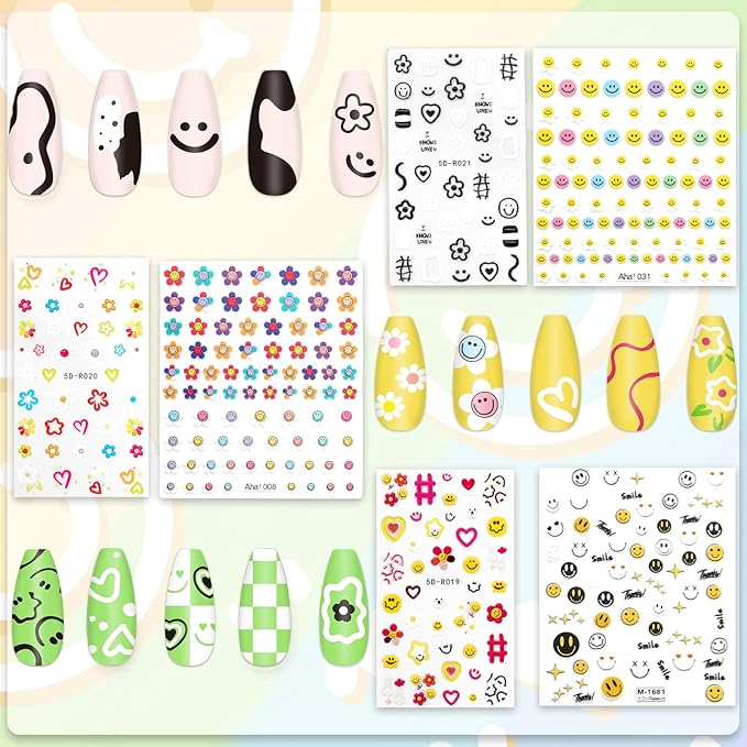 JarThenaAMCS 6 Sheets 5D Embossed Nail Art Stickers Smile Face Floral Decorative Self-Adhesive Nail Decals for DIY Manicure Party Supplies