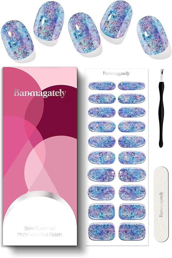 Semi Cured Gel Nail Strips, 20Pcs Long Lasting Salon Quality Wraps, Easy Apply & Remove Gel Nail Stickers with UV Light (Frost Shard Blue)