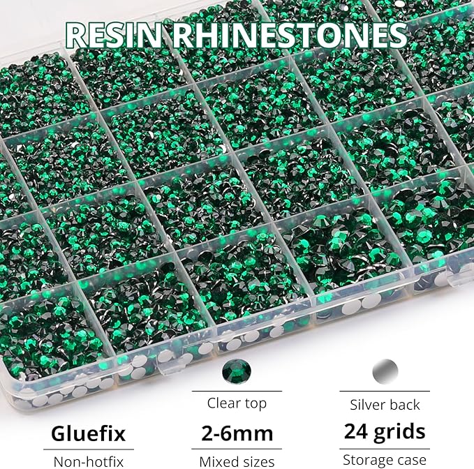 31000Pcs Green Resin Rhinestones for Bedazzling, 2-6mm Mixed Sizes Emerald Dark Green Bedazzle Flatback Gems Crystals Gemstones Stones Jewels for Crafts Crafting Clothes Nail Art with B7000 Glue