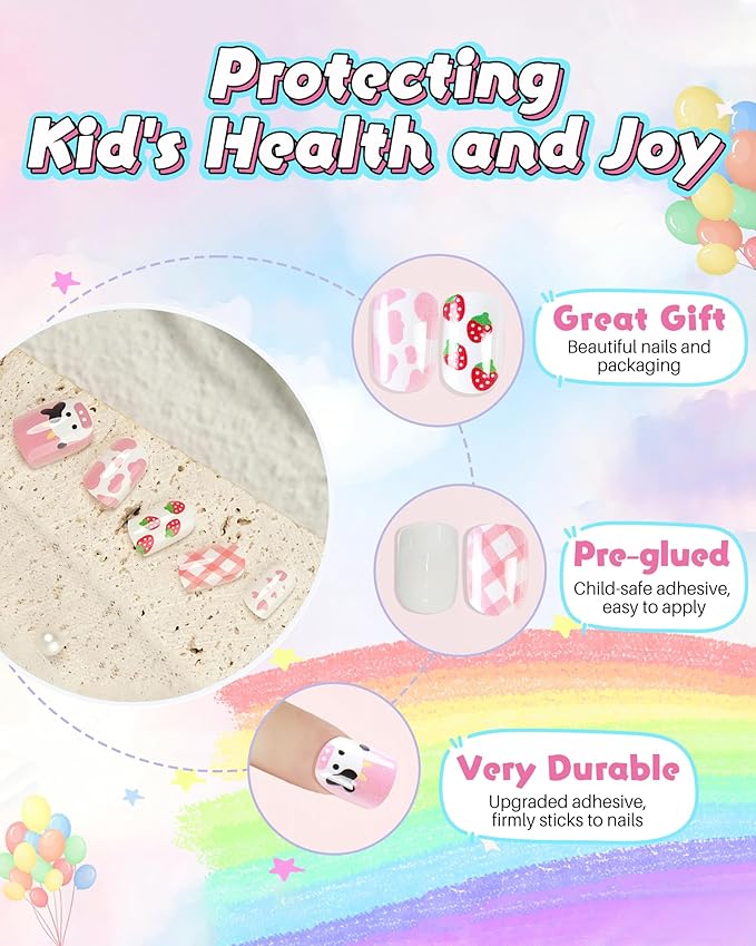 Cute Press on Nails for Kids,Girls Trendy Stuff Fake Nail Kit for Ages 5-12, Pre-glue Glitter Short Acrylic Nail Stick on Nails, Great for Girl Birthday Gifts, Parties&Makeovers Decoration