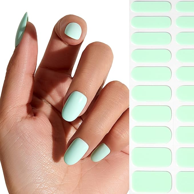 Semi Cured Gel Nail Strips - NAILOG 20 Pcs Green Nail Stickers Extra Long Wraps with Glossy Gel Finishing for Spring Summer, Pastel Mint