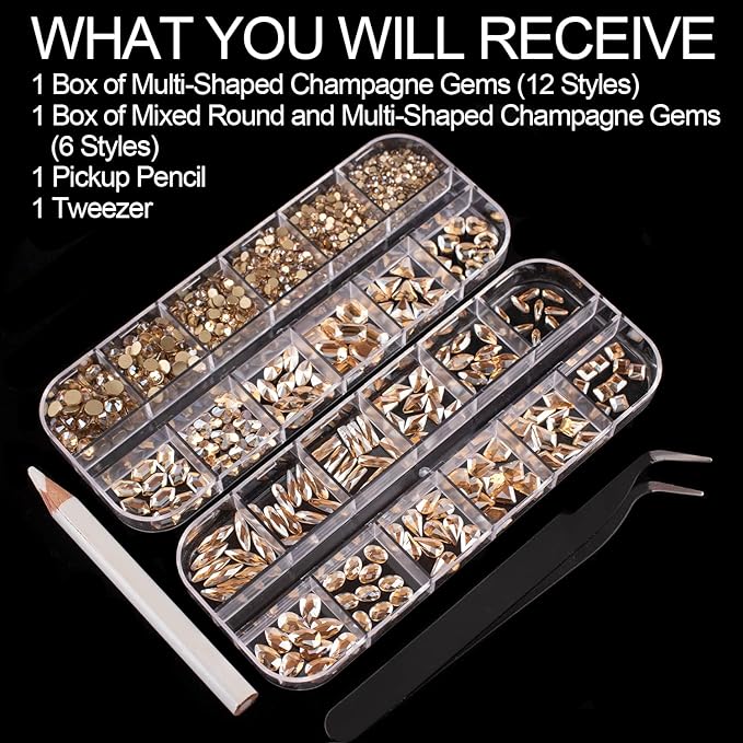18 Styles Multi-Shaped Glass Gemstones for Nails and 6 Sizes Round Crystal Rhinestones Kit #5, Champagne Nail Art Charm Bead Manicure Decoration with Pickup Pencil and Tweezer