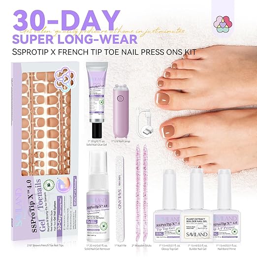 SAVILAND Press On Toenails Kit: 216 PCS Everlasting French Tip Press on Nails for 18 Sizes Ultra-Fit Sturdy Brown Gel Toenails Tip Nail Bond Solid Gel Nail Glue Press on Toenails for Women Home DIY