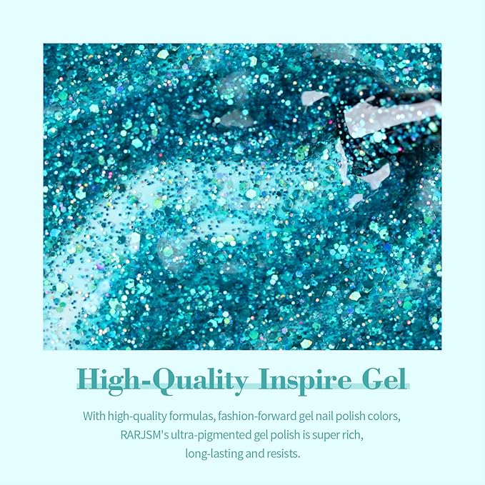 RARJSM Glitter Gel Nail Polish Lake Blue Sparkly Iridescent Rainbow Mermaid Blue Shimmer Holographic Nail Gel Polish Soak off L e d U V Curing Required High Pigments for Home Manicure Nail Art 15ml