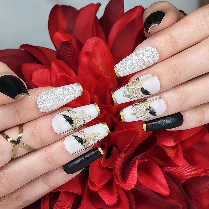 Hypnaughty 24 Pcs Black Flower Luxury Coffin Press on Nails with White Glitter and Flower Design and Gold French Tips with Glue Medium Long False Nails (Black Flower)