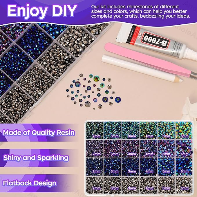 26000PCS Black AB Blue Purple Resin Flatback Rhinestones for Crafting, Resin Rhinestones for Bedazzling Kit, 2/3/4/5/6mm Flatback Gems Jewels for DIY Mugs Tumblers Clothing Shoes Nail Art