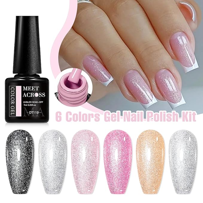 MEET ACROSS 6Pcs Gel Nail Polish with Glitter Gel Top Coat, Nude Pink Neutral Color Skin Tone Soak Off UV/LED Gel Polish Manicure Gift For Women 5 Colors