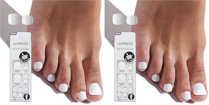 KISS imPRESS Pedicure Press On Toenails, 'Angel Vibes', White, Short Squoval, Nail Kit Includes 24 Press On Toenails, Prep Pad, Mini Nail File, & Pedicure Stick (Pack of 2)
