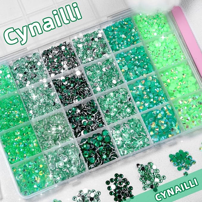 18000 Pcs 3D Green Resin Rhinestones for Crafting, Flatback Jelly Resin Bedazzled Rhinestones for Nails Art, 3-6 mm Crystal Nail Gems for Crafts Nails Eyes Makeup DIY Crafts Supplies