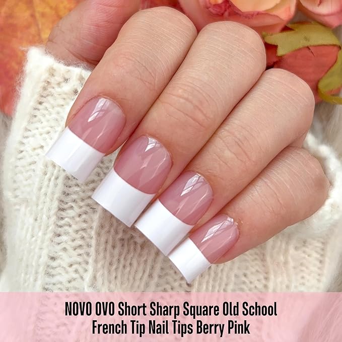 NOVO OVO Old School Wide White French Short Sharp Square Tip Nail Tips Press on BERRY PINK, Need Builder Gel Top Coat Nail Glue, Soft Gel Full Cover Fake Nail Extension, for DIY x 15 Sizes 240 pcs
