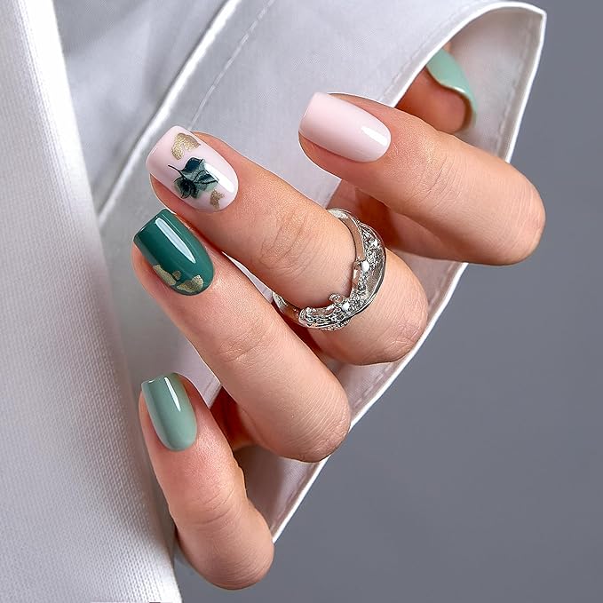 CurvLife Soft Gel Short Press On Nails Square, Long-Lasting Reusable Fake Nails Kit with Glue & Tabs, 30pcs Salon-Quality Stick On Nails for Women At-Home Manicure (Leaf Whisper)