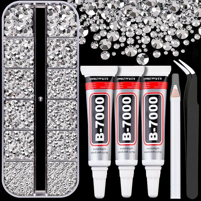 Resin Rhinestones for Crafting with B7000 Jewelry Glue, 1 Box Silver Flatback Crystals with 3Pcs 10ml Glue for Bedazzling Crafts DIY Nail Art Makeup，Non Hotfix Gems for Clothing Shoes