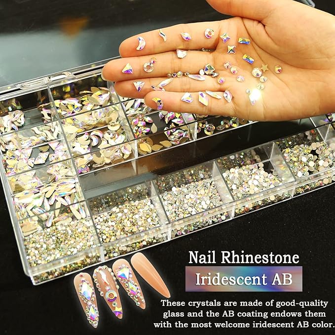 Nail Rhinestones Kit,Crystal Rhinestones for Nail Decoration Nail Art Supplies,Glass Gems Stones for Nail DIY Crafts Clothes Shoes Jewelry(700 Diamonds + 3480 Flat Rhinestones),Iridescent AB