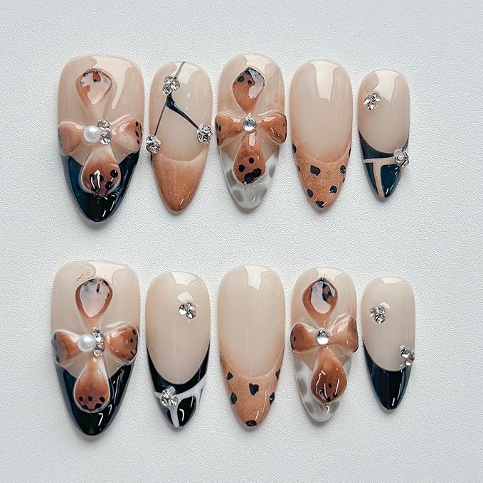 Luxury Press on Nails Short Almond Handmade 3D Unique Reusable ABS Material Fake Nails French Tip False Nails with Designs Polka Dots Flower Rhinestones Brown Glossy Glue on Nail Thick Acrylic Nail(S)