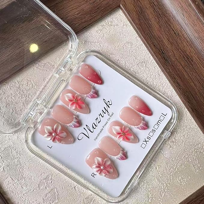 Flower Press on Nails Medium Almond - 3D Water Ripple Pearl False Nails with Floral Embossed French Tip ，Luxury Handmade Nail Art ，Glossy Thick Acrylic Fake Nails (10PCS)