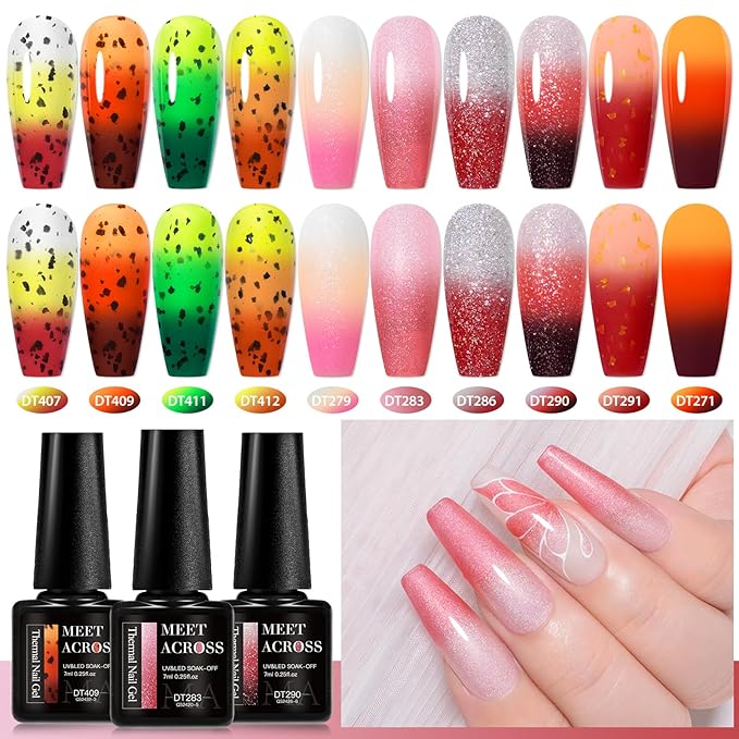 MEET ACROSS 12pcs Glitter Color Changing Gel Nail Polish Set, Thermal Nail Gel Polish Kit, Temperature Color Changing Gel Polish Semi Permanent Soak Off UV Gel for Home Salon